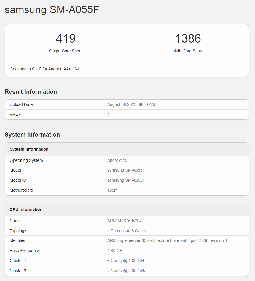 Samsung Galaxy A05 klarar Geekbench 6 Benchmark Test